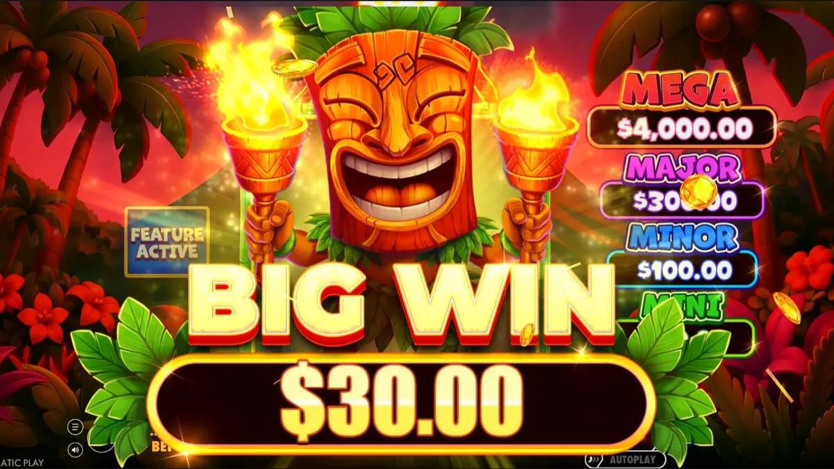 Cenário tropical vibrante de Super Tiki Strike com vulcão e grade 3x3